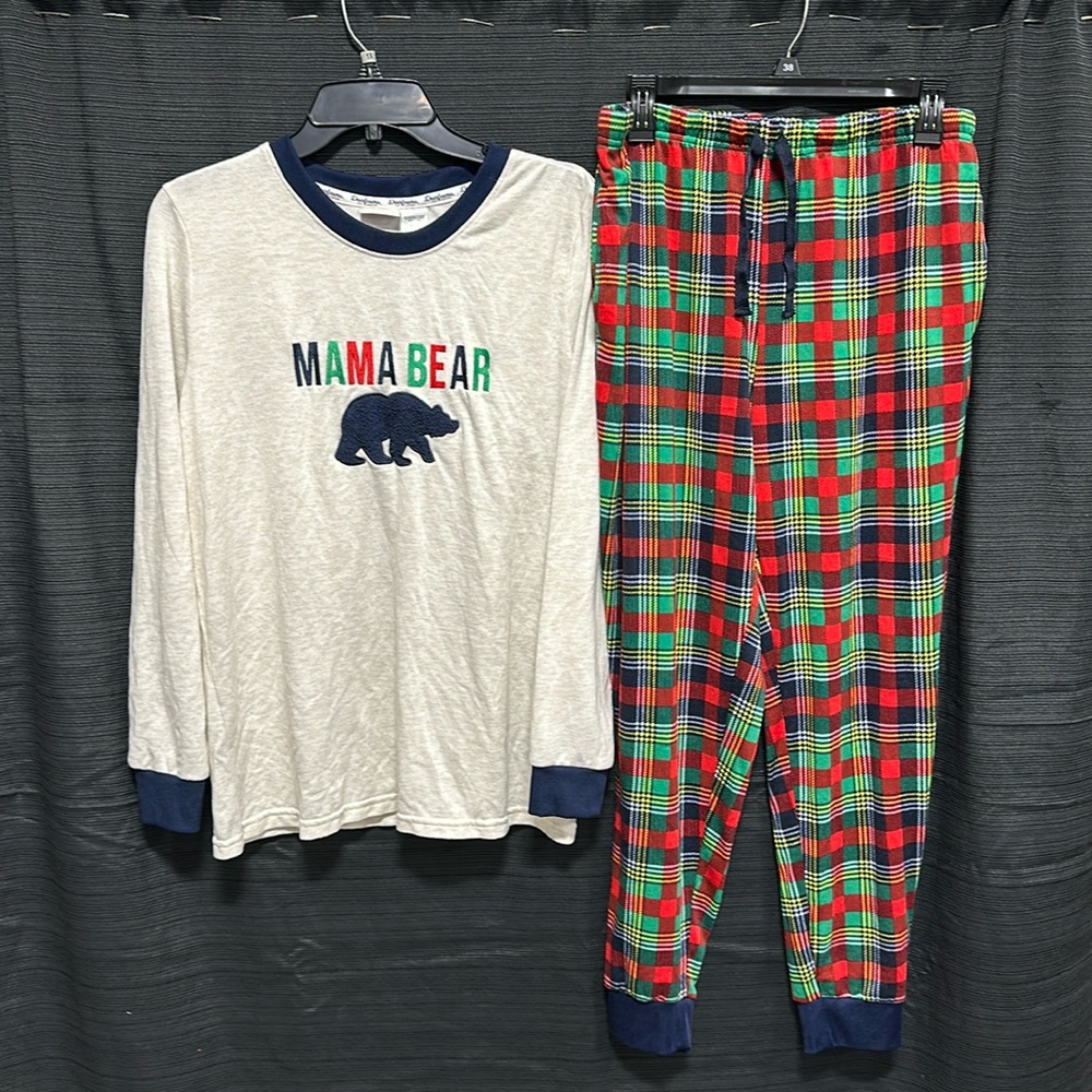 Dearfoams Women's 2-Piece‎ Plaid Pajamas Set Mama Bear Long Sleeve Joggers L